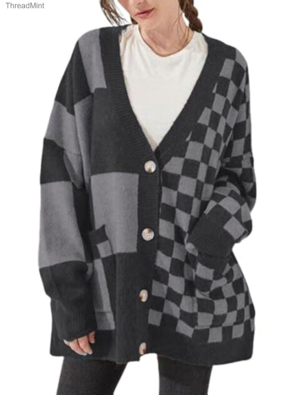 Oversized Checkered Cardigan Button Down V Neck Knit Sweater Coat